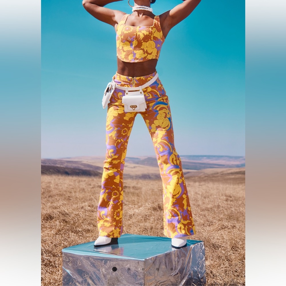 Multi 70s Flower Print Flared Jean